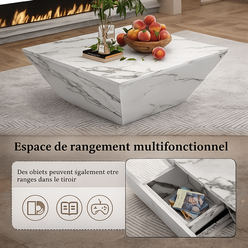 Table Basse Effet Marbre Blanche avec Tiroirs - Style Design Fera