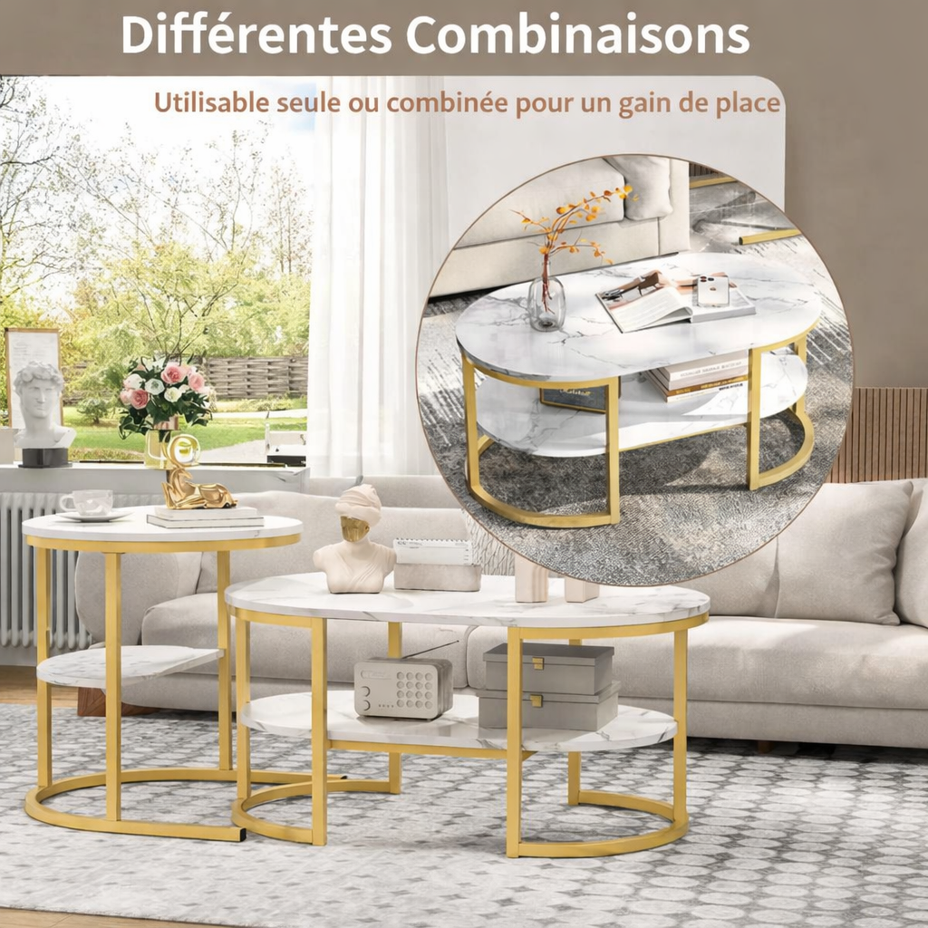 Table Basse Gigogne Marbre Structure Métal - Design Moderne Aria