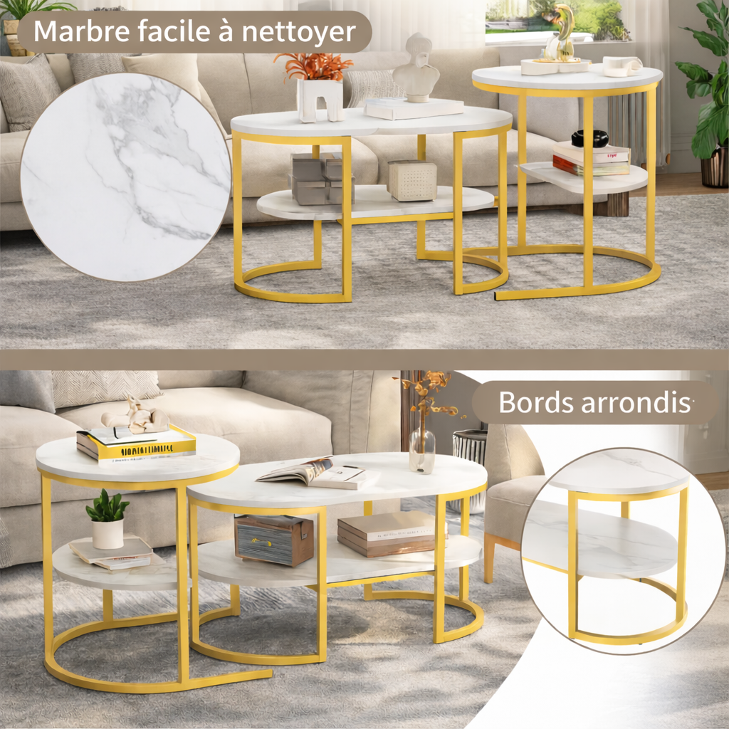 Table Basse Gigogne Marbre Structure Métal - Design Moderne Aria