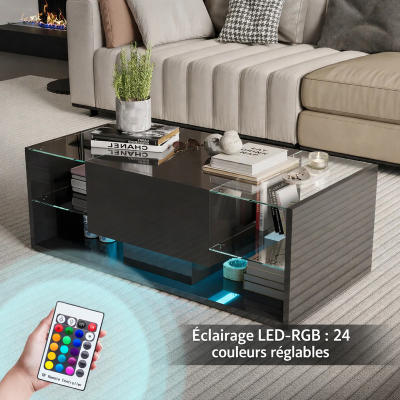 Table Basse Noire avec Étagères en Verre et Éclairage LED - Design Moderne Skarn