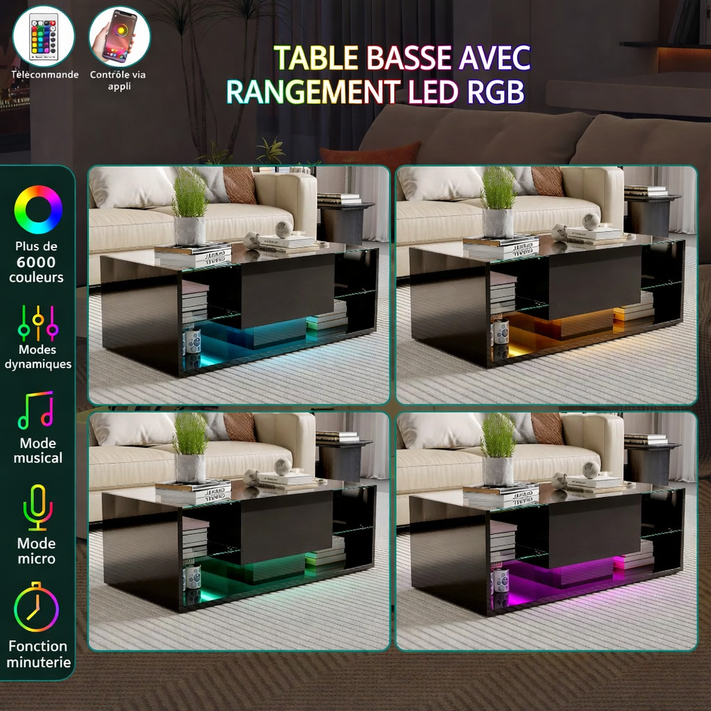 Table Basse Noire avec Étagères en Verre et Éclairage LED - Design Moderne Skarn