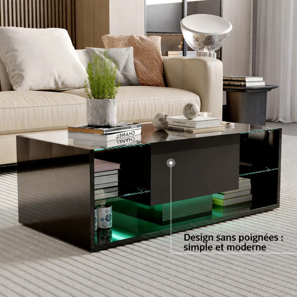 Table Basse Noire avec Étagères en Verre et Éclairage LED - Design Moderne Skarn