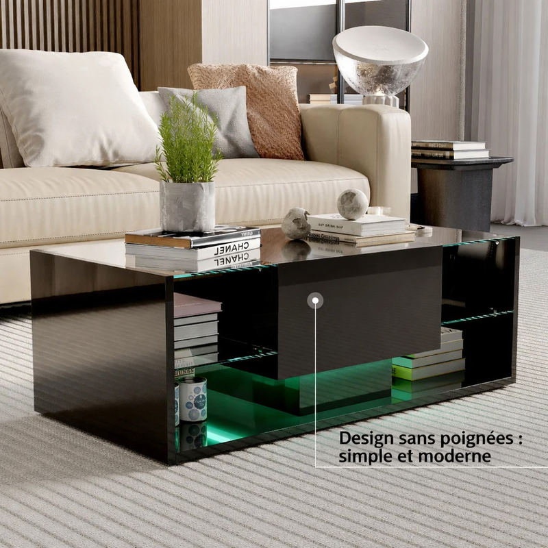 Table Basse Noire avec Étagères en Verre et Éclairage LED - Design Moderne Skarn