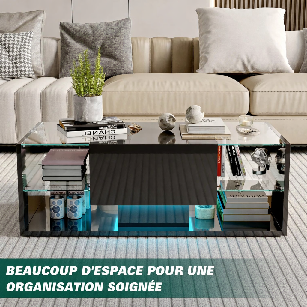 Table Basse Noire avec Étagères en Verre et Éclairage LED - Design Moderne Skarn