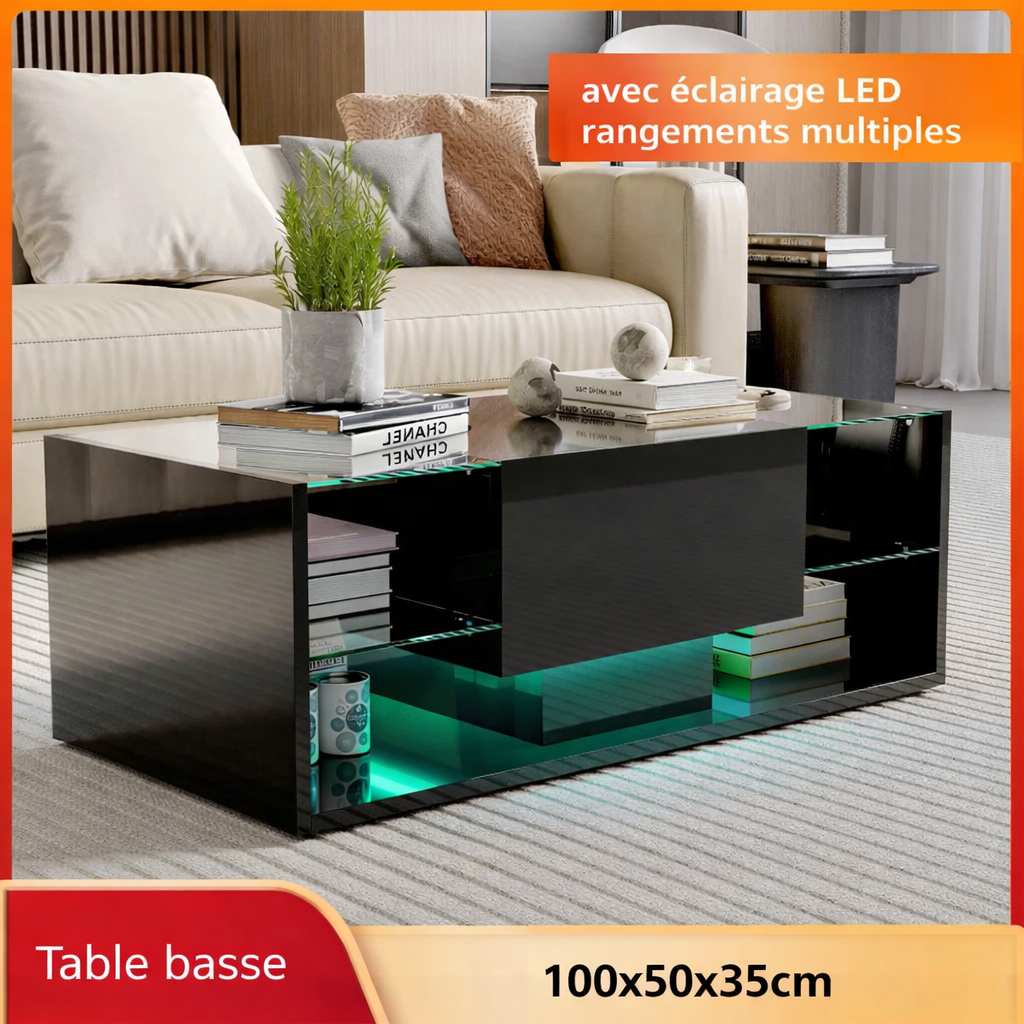 Table Basse Noire avec Étagères en Verre et Éclairage LED - Design Moderne Skarn