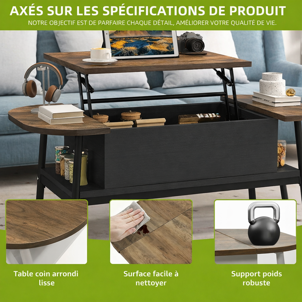 Table Basse Organique Relevable avec Rangement - Velin