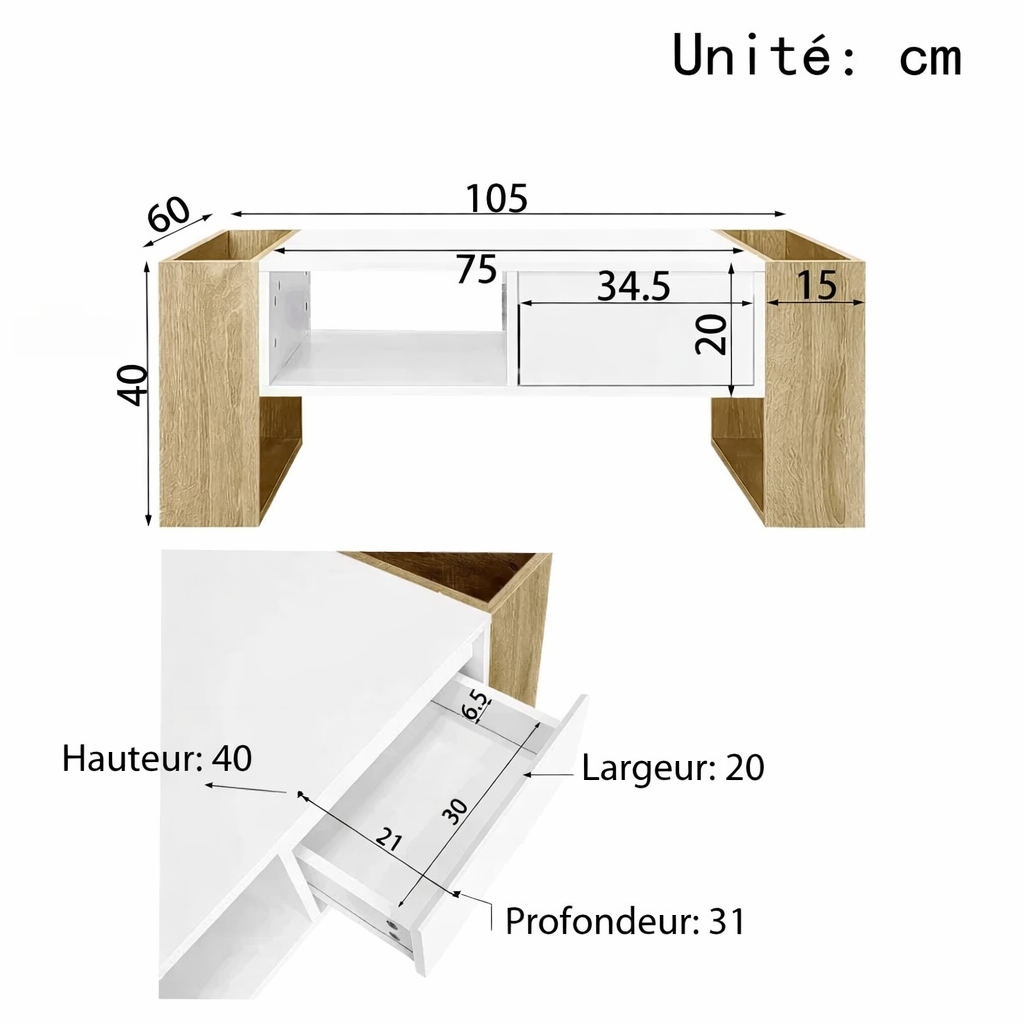 Table Basse Rectangulaire Blanche et Bois avec Rangement - Style Moderne Elira