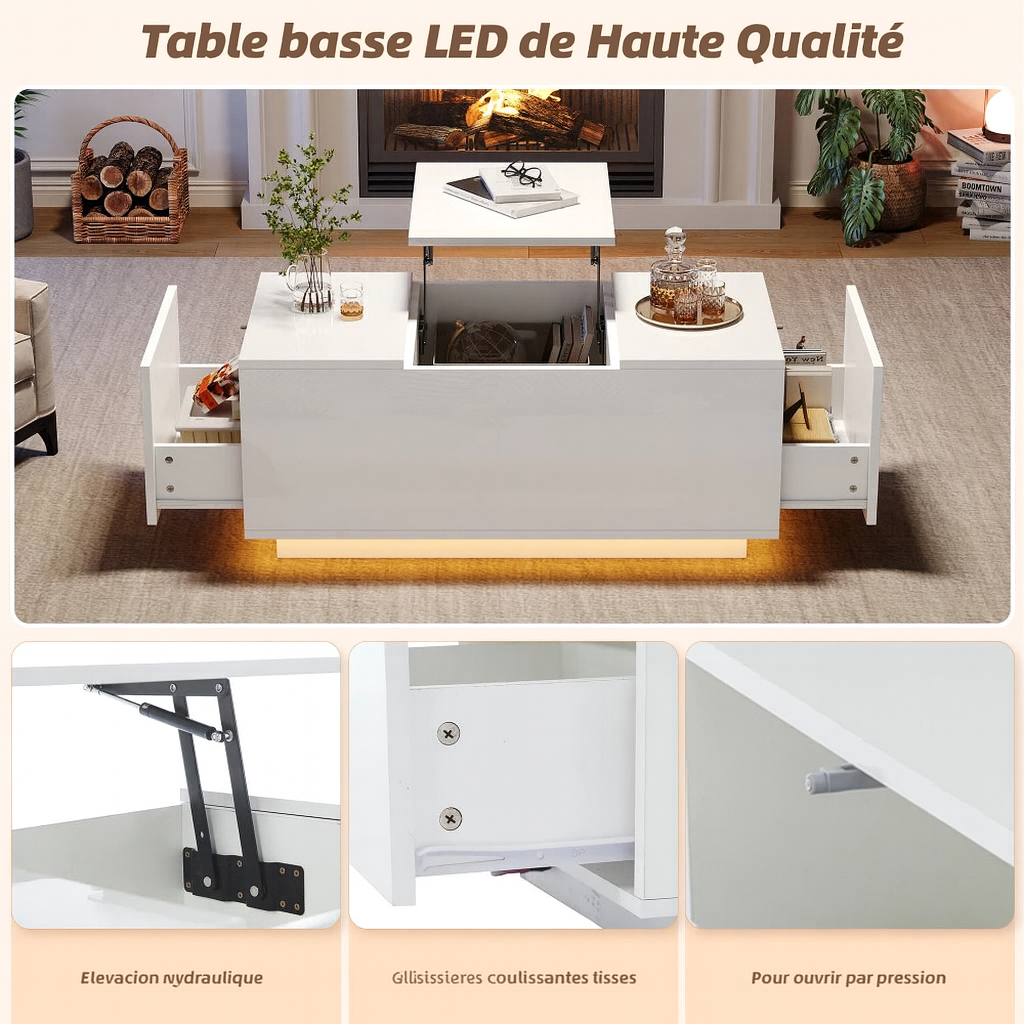 Table Basse Relevable avec LED et Plateau Ajustable - Kavon