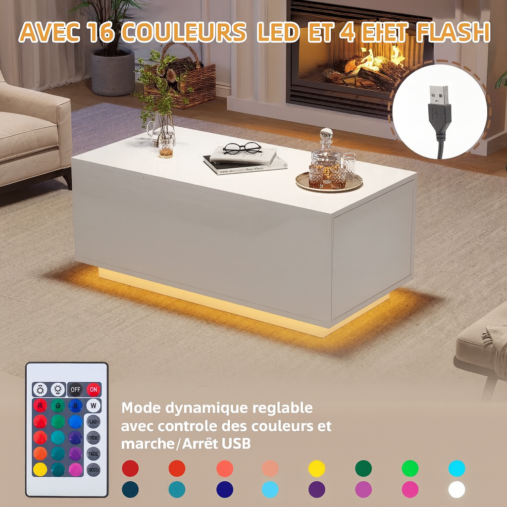 Table Basse Relevable avec LED et Plateau Ajustable - Kavon