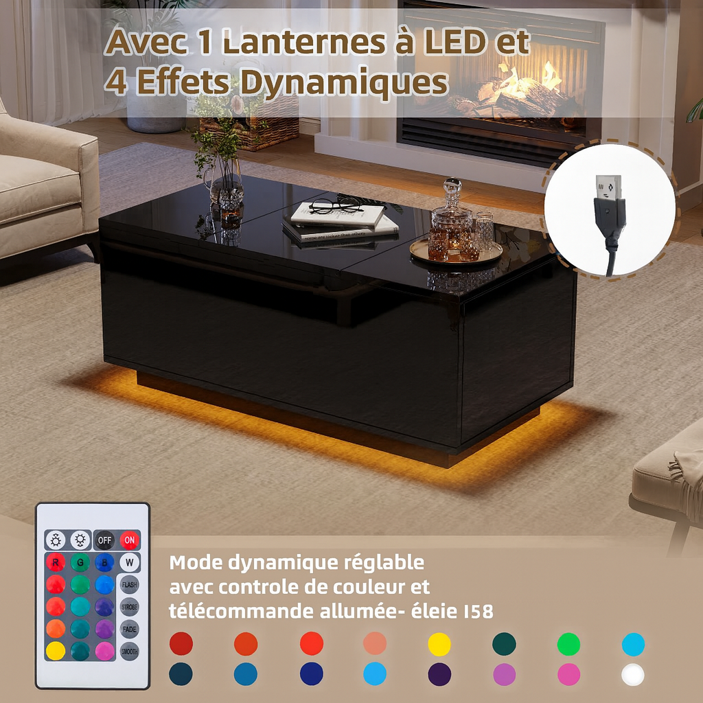 Table Basse Relevable avec LED et Plateau Ajustable - Kavon