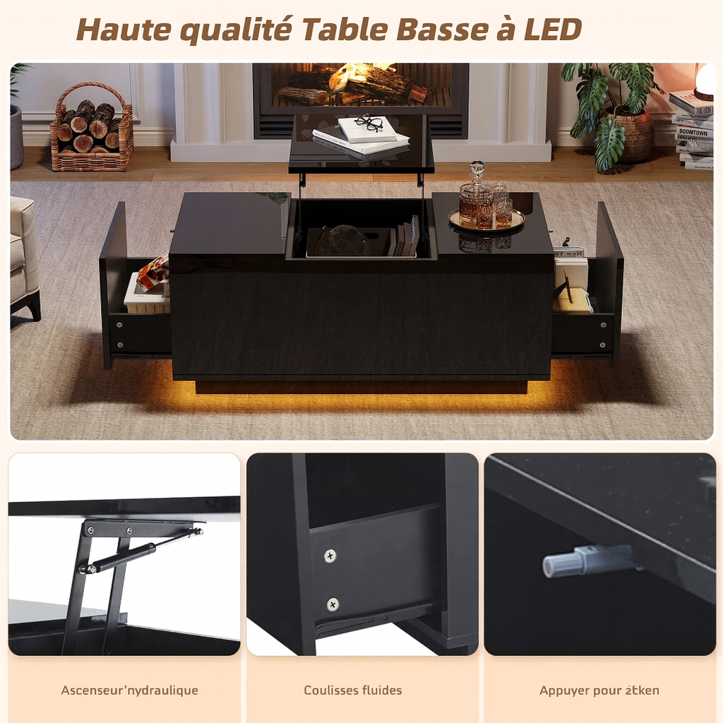 Table Basse Relevable avec LED et Plateau Ajustable - Kavon