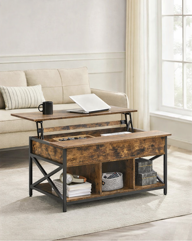 Table Basse Relevable Bois et Métal avec Rangement - Design Moderne Torvik