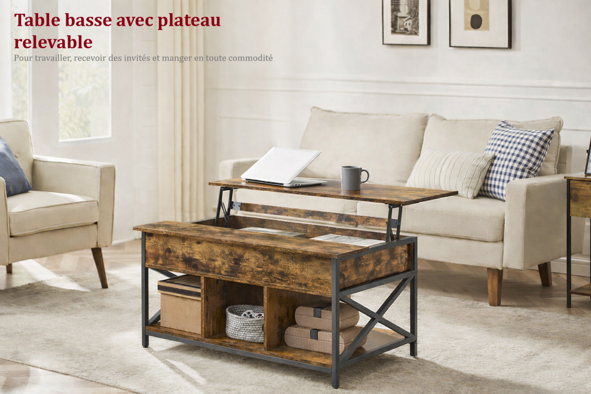 Table Basse Relevable Bois et Métal avec Rangement - Design Moderne Torvik