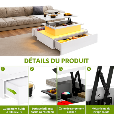 Table Basse Relevable avec LED et Tiroirs - Design Moderne Halvin