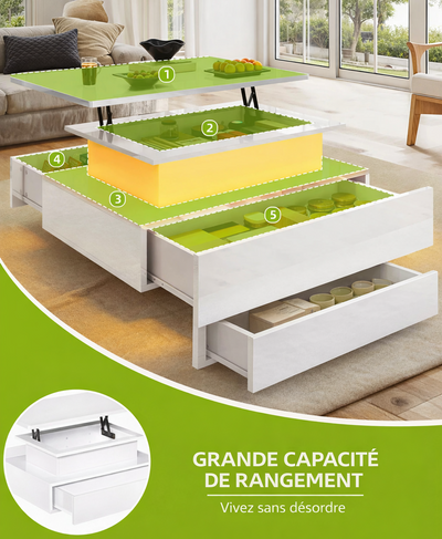 Table Basse Relevable avec LED et Tiroirs - Design Moderne Halvin