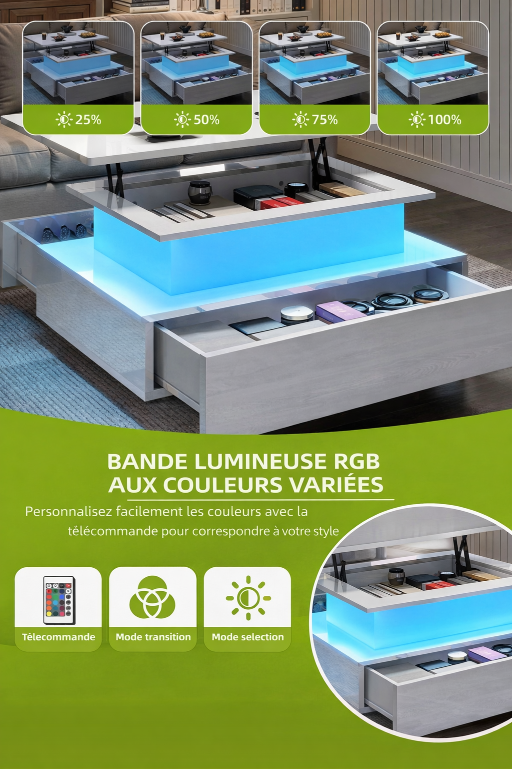 Table Basse Relevable avec LED et Tiroirs - Design Moderne Halvin