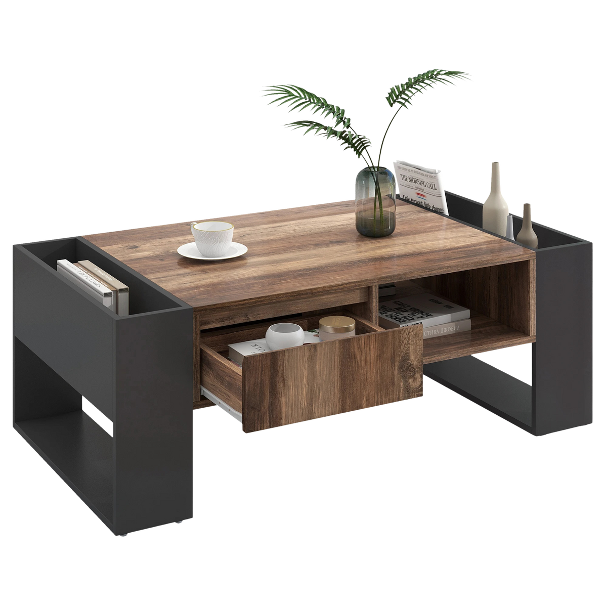 Table Basse en Bois Rectangulaire Design avec Tiroir et Rangements - Style Contemporain Trava