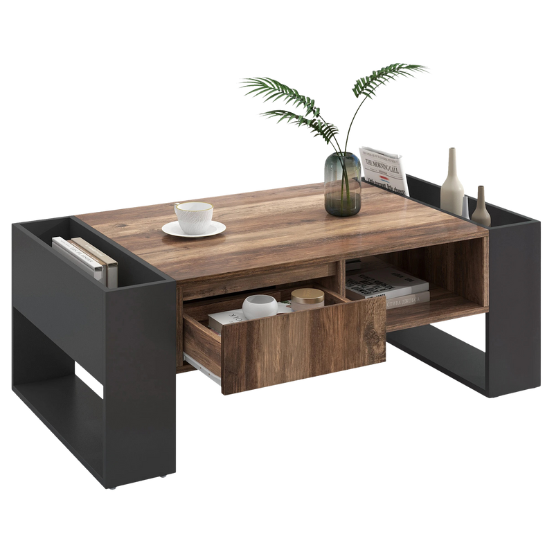 Table Basse en Bois Rectangulaire Design avec Tiroir et Rangements - Style Contemporain Trava
