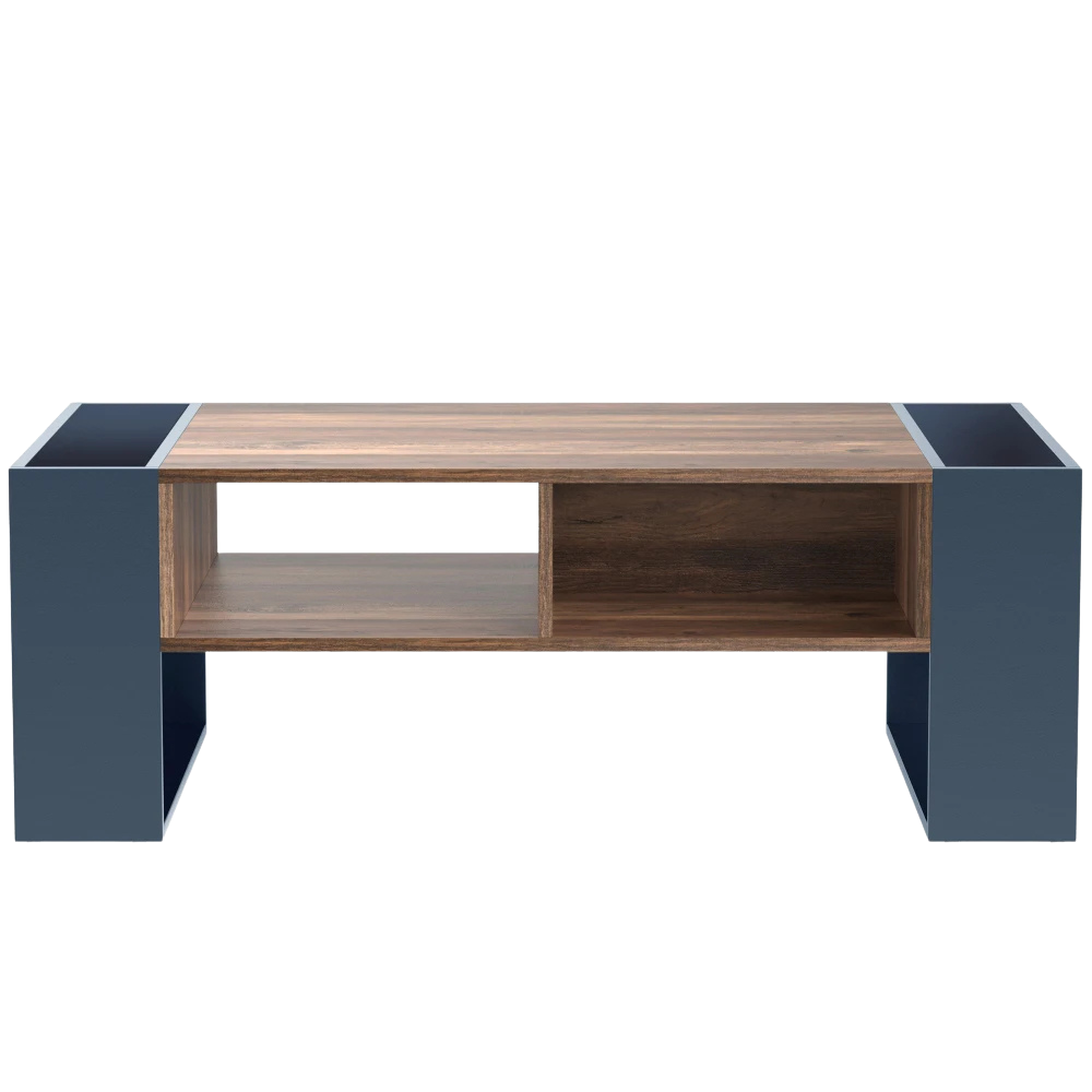 Table Basse Bois et Bleu Profond avec Rangement - Design Moderne Azuro