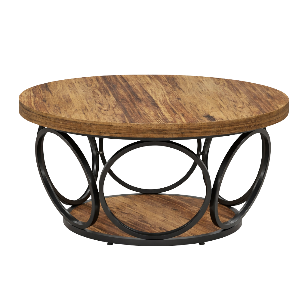 Table Basse Ronde Bois avec Rangement - Style Rustique Chêne