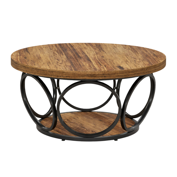 Table Basse Ronde Bois avec Rangement - Style Rustique Chêne