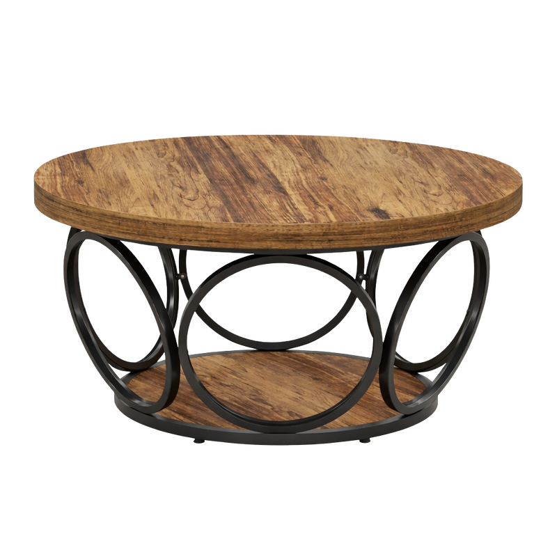 Table Basse Ronde Bois avec Rangement - Style Rustique Chêne
