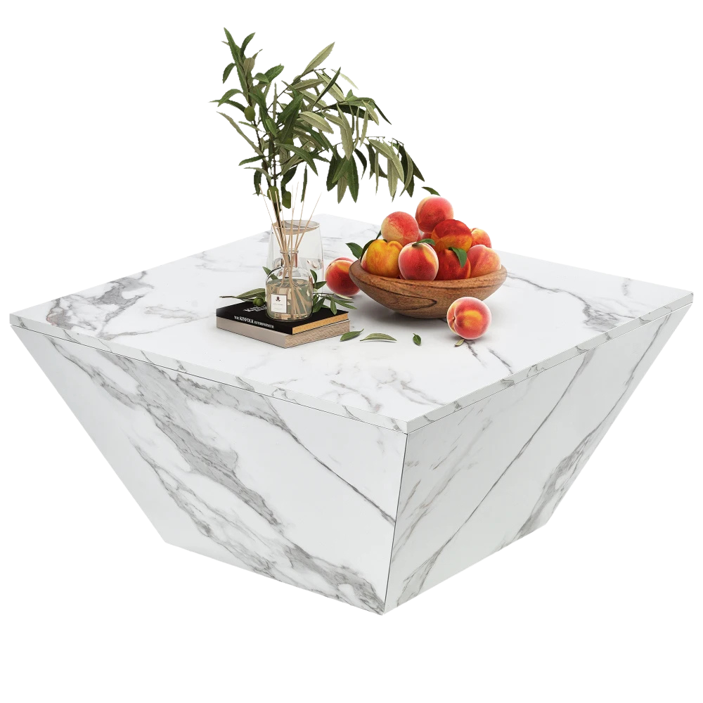 Table Basse Effet Marbre Blanche avec Tiroirs - Style Design Fera