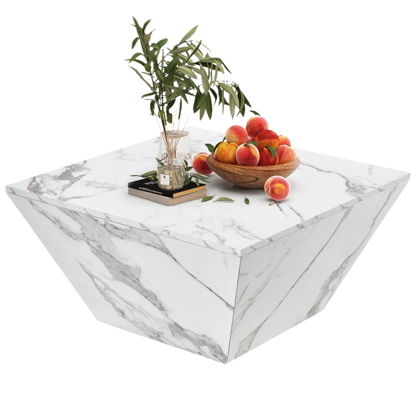 Table Basse Effet Marbre Blanche avec Tiroirs - Style Design Fera