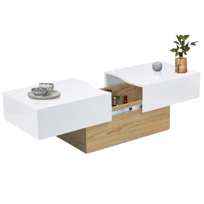 Table Basse Rectangulaire Bois et Plateau Coulissant Blanc - Design Fonctionnel Livio