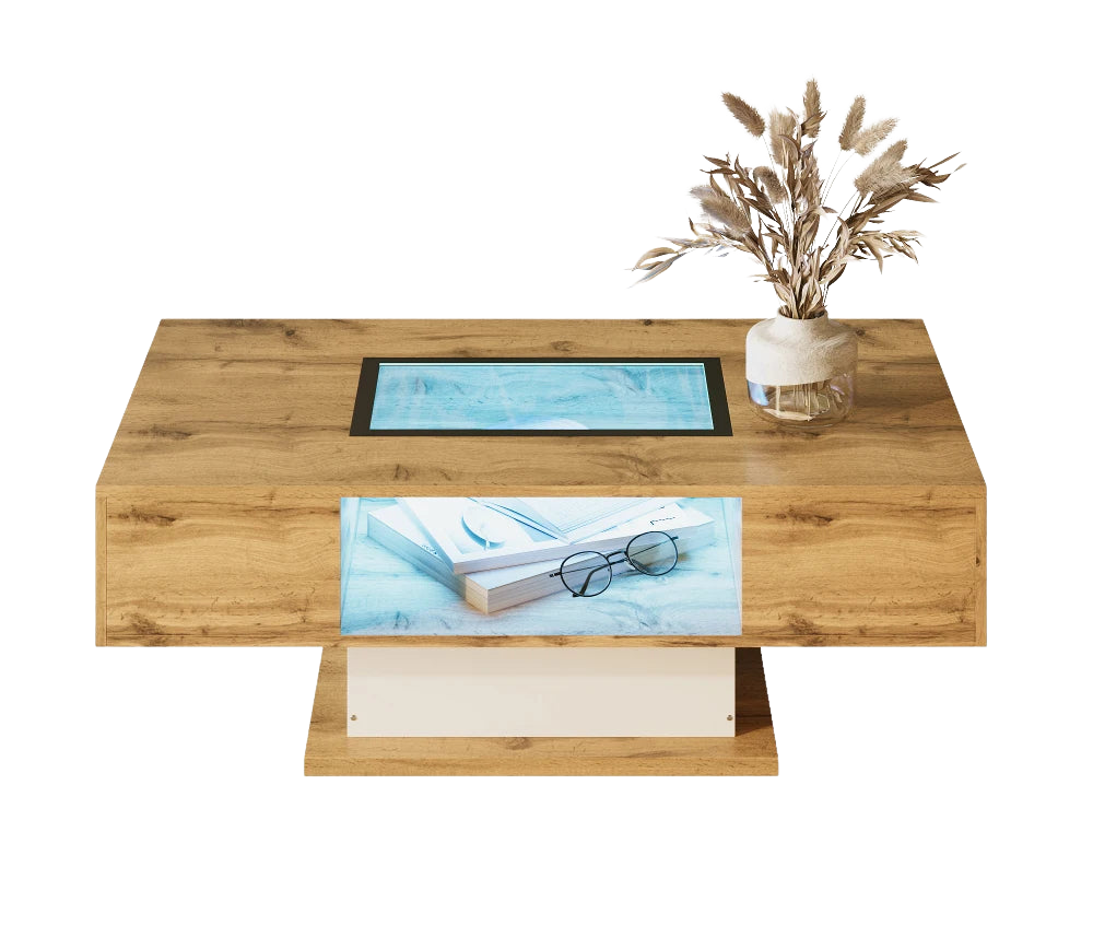 Table Basse Bois et Verre avec LED et Rangements - Design Moderne Ravel
