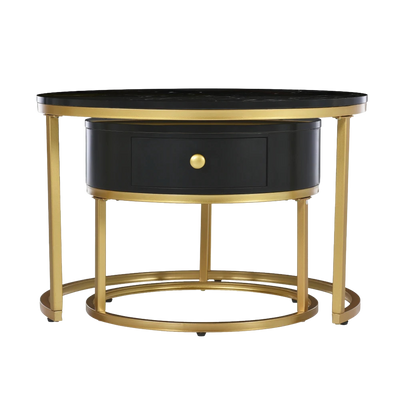 Table Basse Ronde Gigogne Effet Marbre Noire - Norvik