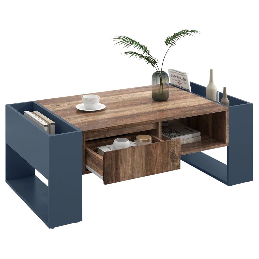 Table Basse Bois et Bleu Profond avec Rangement - Design Moderne Azuro