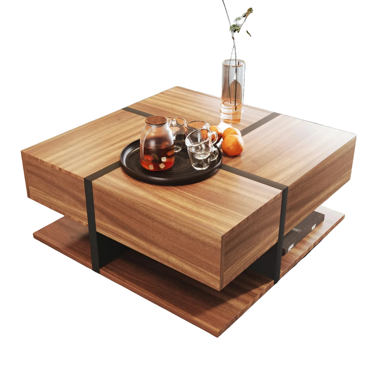 Table Basse Bois Carrée et Noir 2 Tiroir Onyx