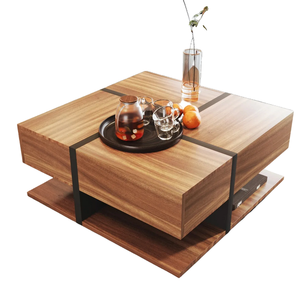 Table Basse Bois Carrée et Noir 2 Tiroir Onyx