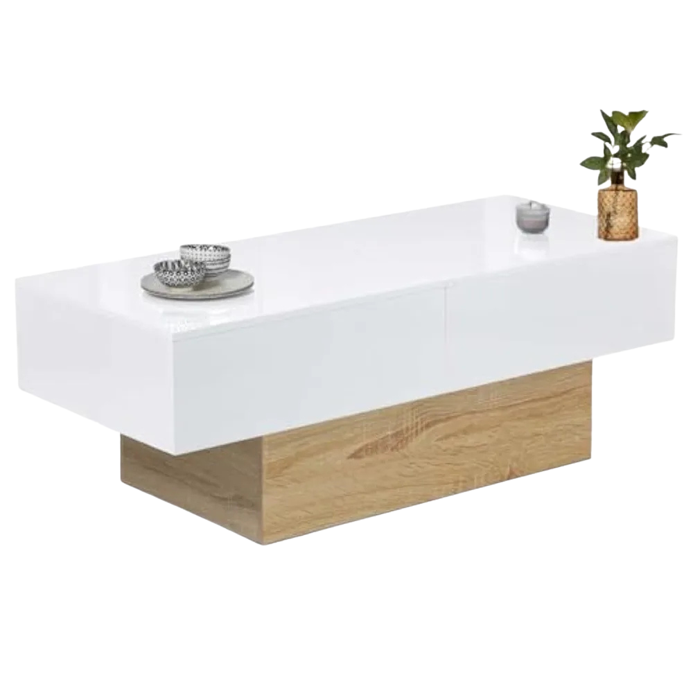 Table Basse Rectangulaire Bois et Plateau Coulissant Blanc - Design Fonctionnel Livio