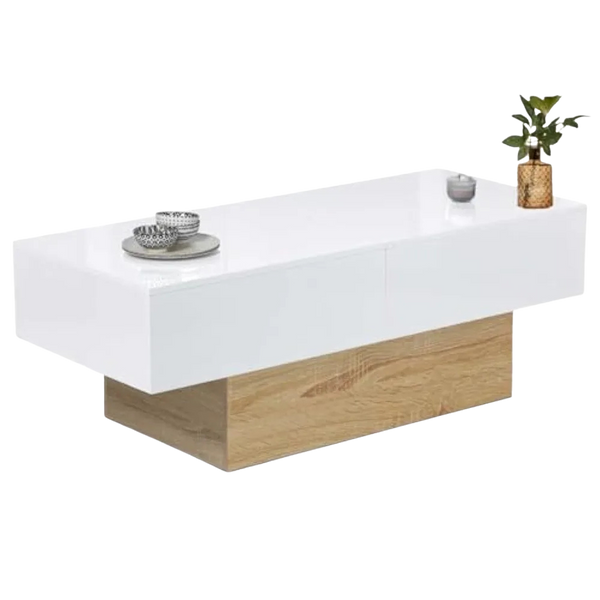 Table Basse Rectangulaire Bois et Plateau Coulissant Blanc - Design Fonctionnel Livio