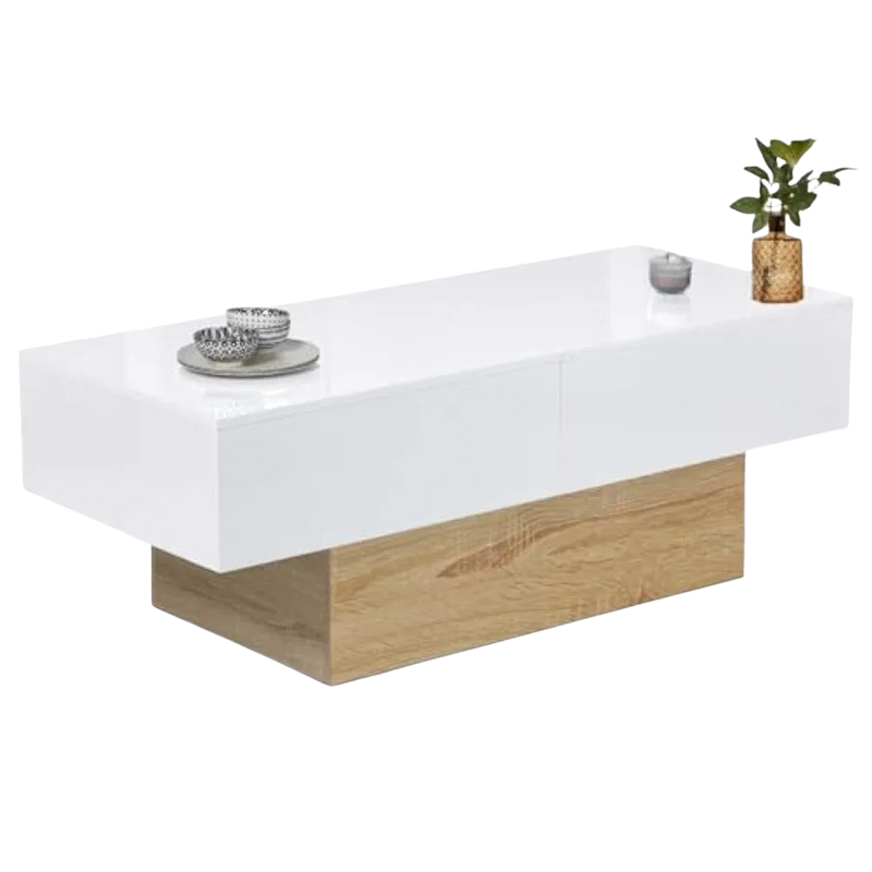 Table Basse Rectangulaire Bois et Plateau Coulissant Blanc - Design Fonctionnel Livio
