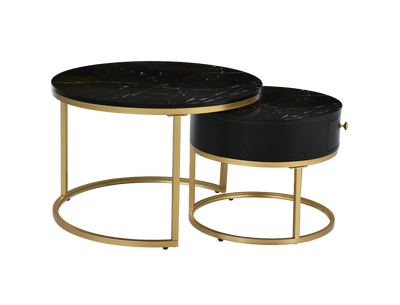 Table Basse Ronde Gigogne Effet Marbre Noire - Norvik