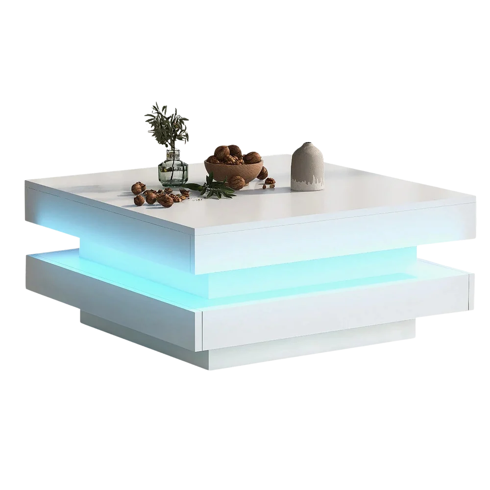 Table Basse Carrée Blanche avec Plateau Pivotant LED - Design Moderne Zelko