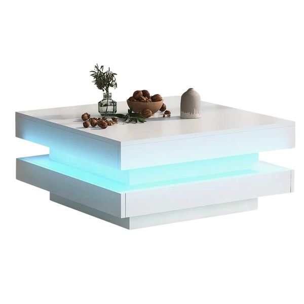 Table Basse Carrée Blanche avec Plateau Pivotant LED - Design Moderne Zelko