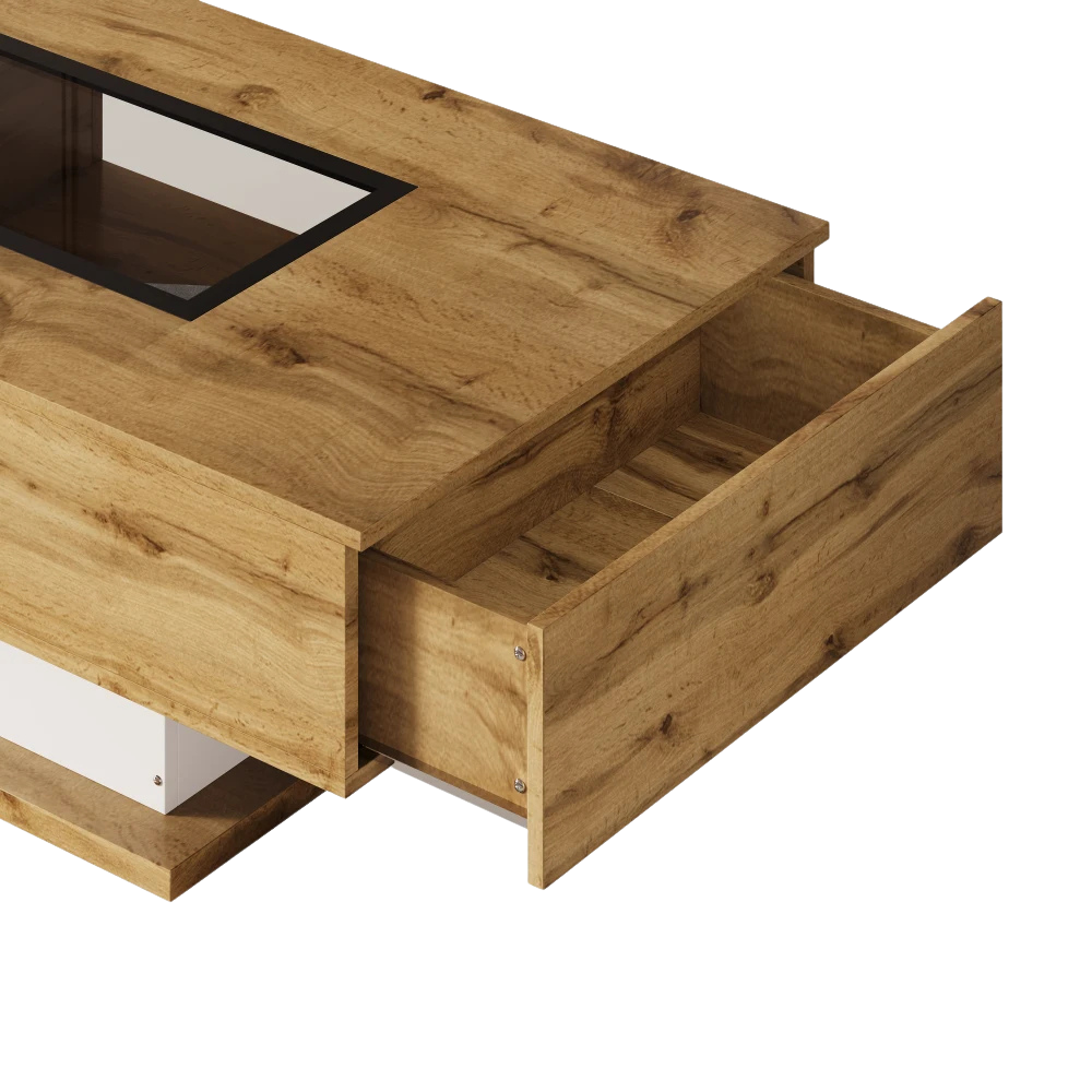 Table Basse Bois et Verre avec LED et Rangements - Design Moderne Ravel